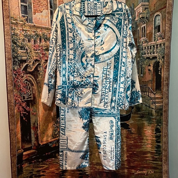 None Other - Elegant Satin Currency Print Pajama Set